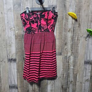 Vanity Vintage Y2K Hot Pink and Black Floral Stripe Mini Strapless Dress